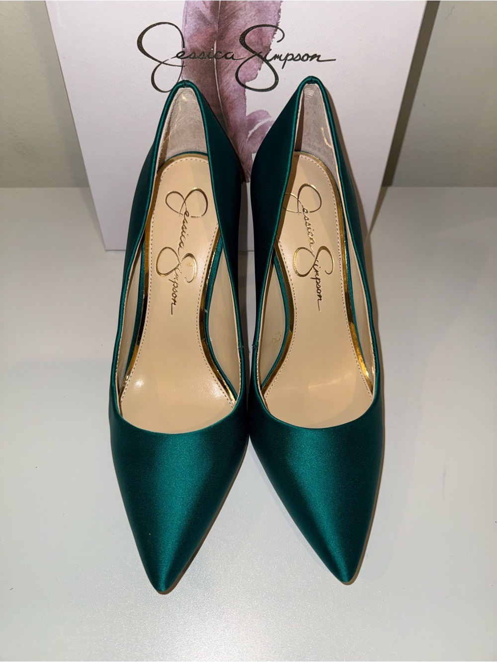 Jessica Simpson Emerald Satin Pointed-Toe Pumps - Picture 1 of 7